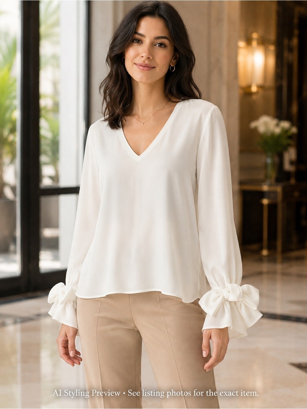 Zara White V-Neck Bow Cuff Blouse Minimalist Office Career Top L